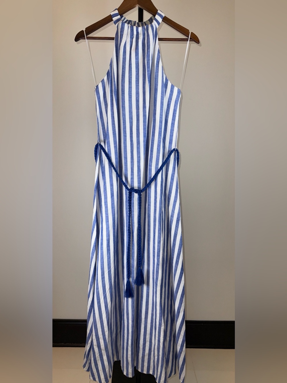 Loft Striped Linen Blend Belted Halter Maxi Dress | Cobalt Blue | Size 2